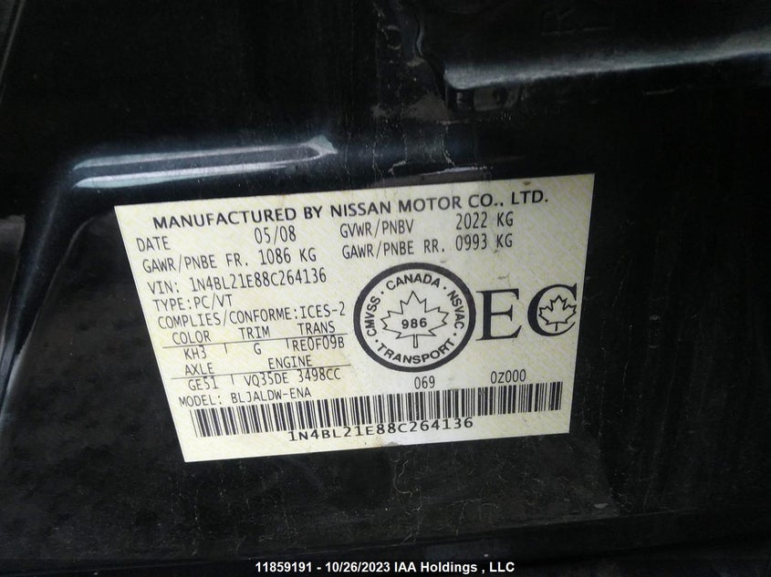 2008 Nissan Altima 3.5 VIN: 1N4BL21E88C264136 Lot: 11859191