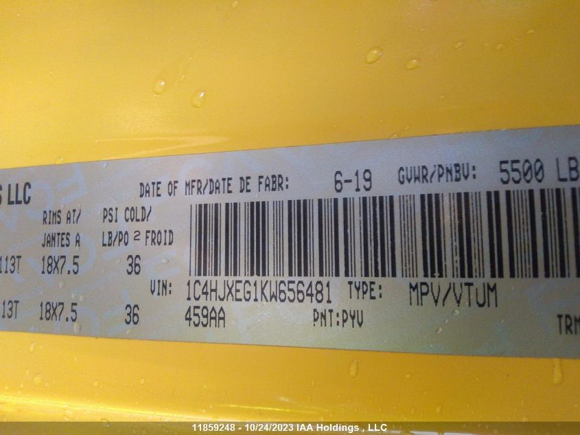 2019 Jeep Wrangler Unlimited Sahara VIN: 1C4HJXEG1KW656481 Lot: 11859248