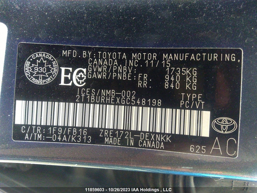 2016 Toyota Corolla Ce/S/Le VIN: 2T1BURHEXGC548198 Lot: 11859603