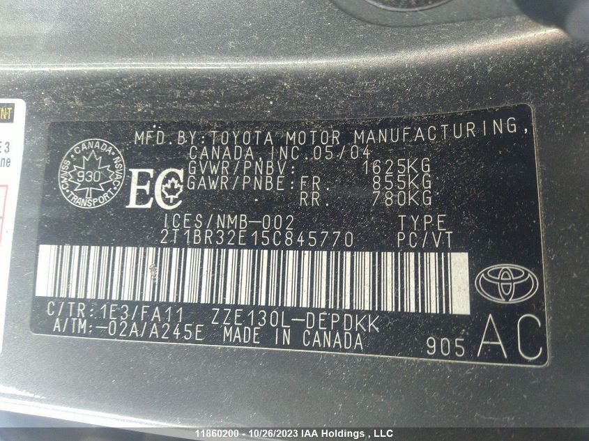 2005 Toyota Corolla Ce/Sport/Le VIN: 2T1BR32E15C845770 Lot: 11860200