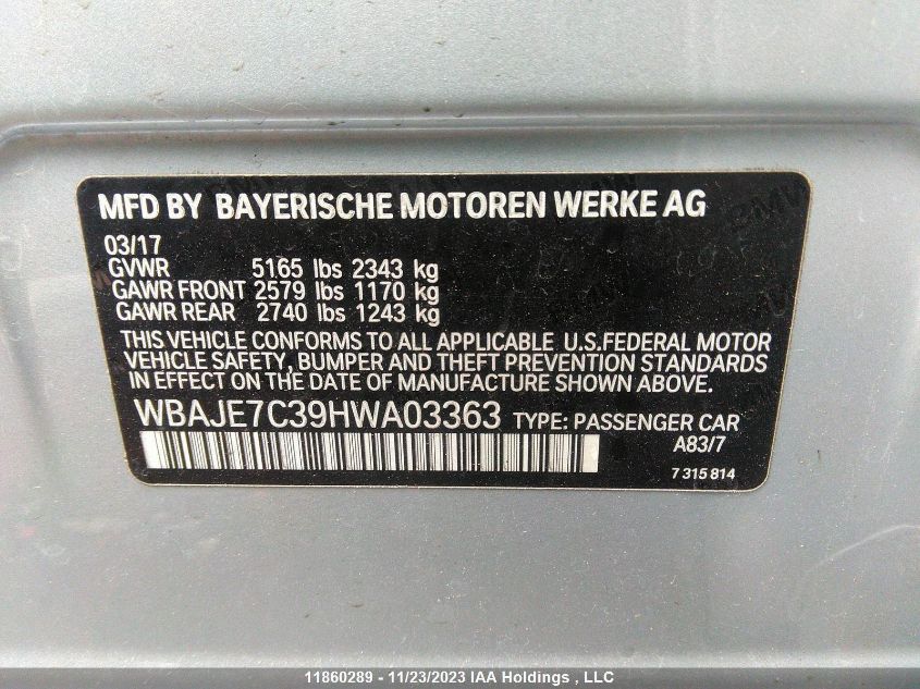 2017 BMW 5 Series 540I xDrive VIN: WBAJE7C39HWA03363 Lot: 11860289