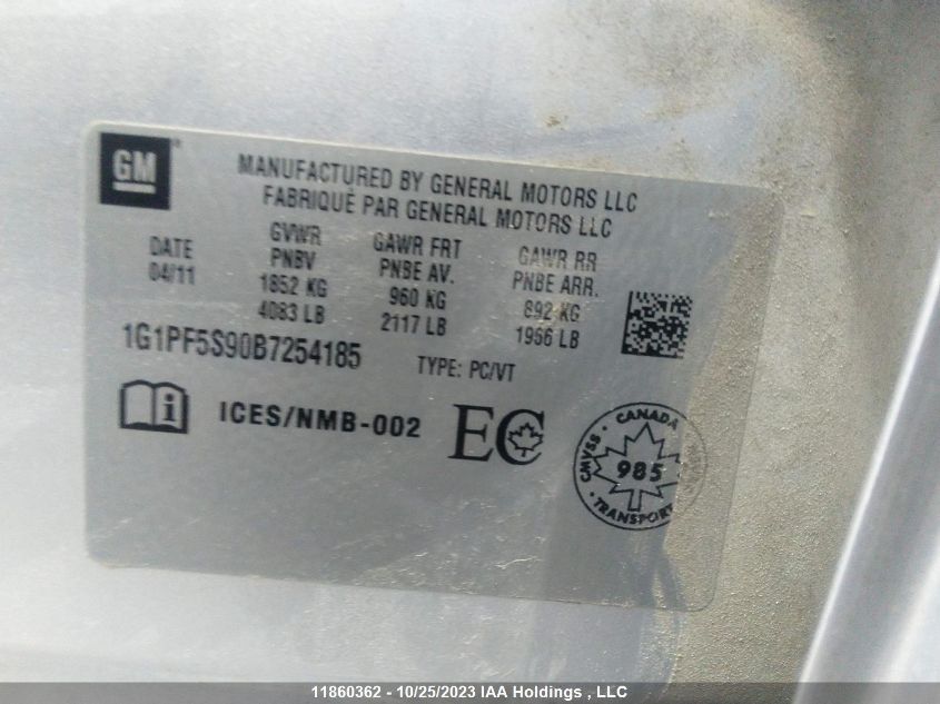 2011 Chevrolet Cruze Lt Turbo W/1Sa VIN: 1G1PF5S90B7254185 Lot: 11860362