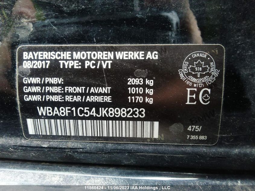 2018 BMW 3 Series 328D xDrive VIN: WBA8F1C54JK898233 Lot: 11860424