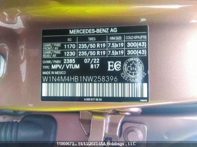 2022 Mercedes-Benz Glb Glb 250 VIN: W1N4M4HB1NW258396 Lot: 11860673