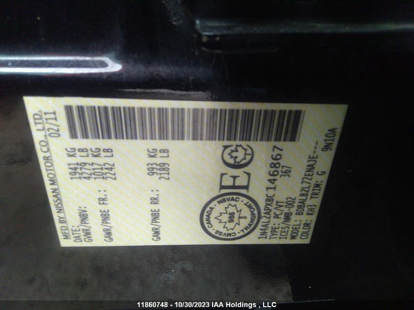 2011 Nissan Altima 2.5 VIN: 1N4AL2APXBC146867 Lot: 11860748