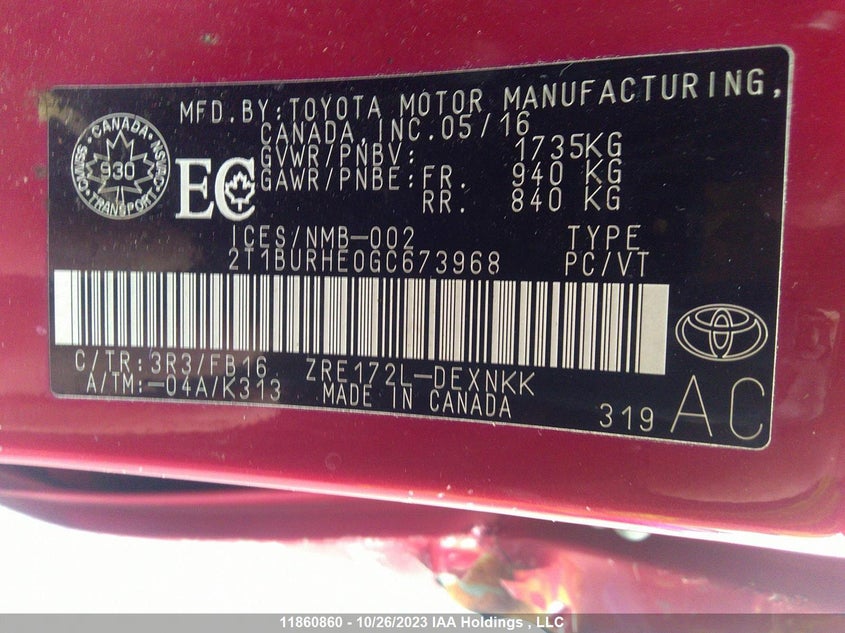 2016 Toyota Corolla Ce/S/Le VIN: 2T1BURHE0GC673968 Lot: 11860860