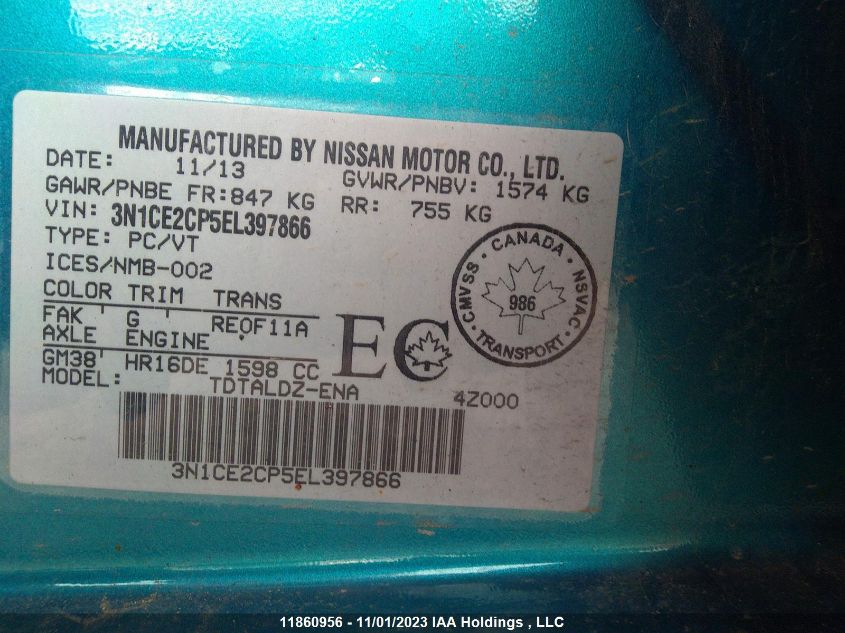 2014 Nissan Versa Note S/Sv/Sl VIN: 3N1CE2CP5EL397866 Lot: 11860956