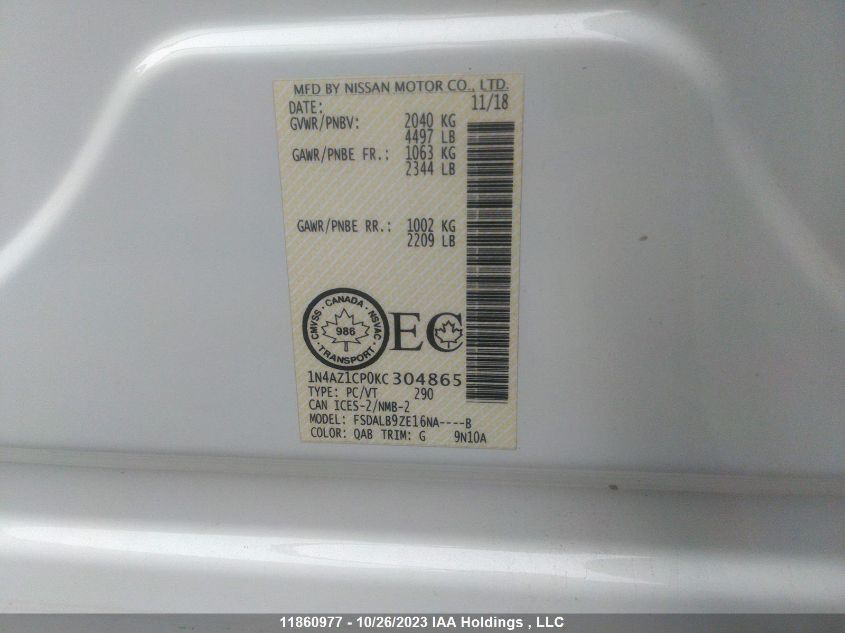 2019 Nissan Leaf S/Sv/Sl VIN: 1N4AZ1CP0KC304865 Lot: 11860977