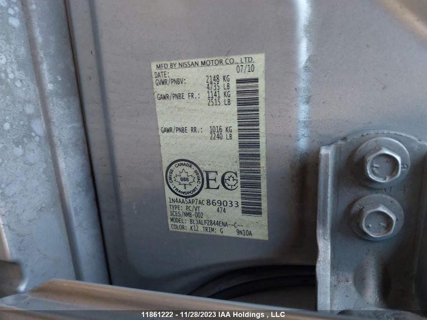 2010 Nissan Maxima VIN: 1N4AA5AP7AC869033 Lot: 11861222