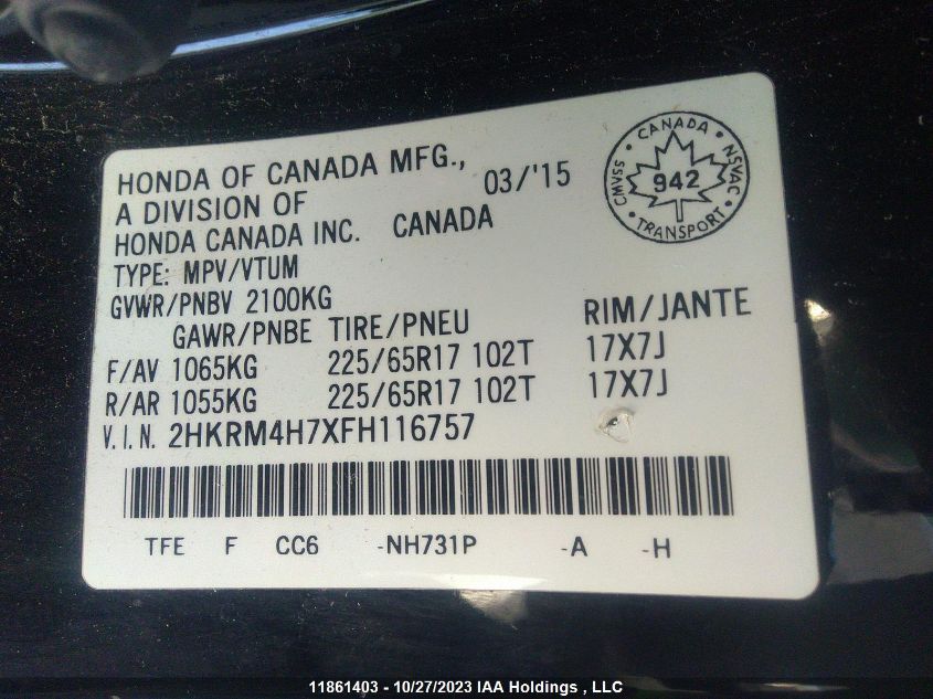 2015 Honda Cr-V Ex-L VIN: 2HKRM4H7XFH116757 Lot: 11861403