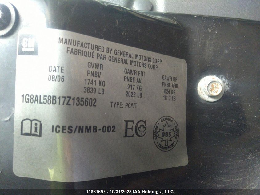 2007 Saturn Ion Sedan Ion.3 Uplevel VIN: 1G8AL58B17Z135602 Lot: 11861697