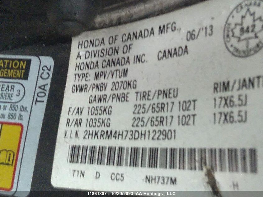 2013 Honda Cr-V Ex-L VIN: 2HKRM4H73DH122901 Lot: 11861807