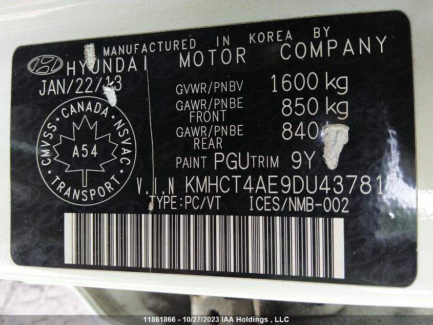 2013 Hyundai Accent Gl VIN: KMHCT4AE9DU437818 Lot: 11861866