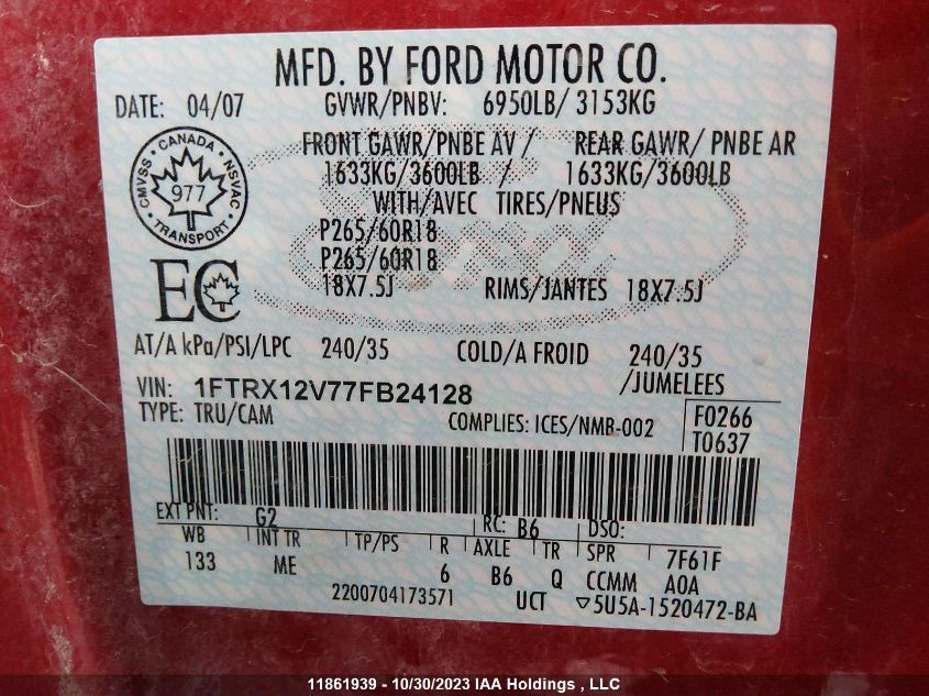 2007 Ford F-150 Xlt/Lariat VIN: 1FTRX12V77FB24128 Lot: 11861939