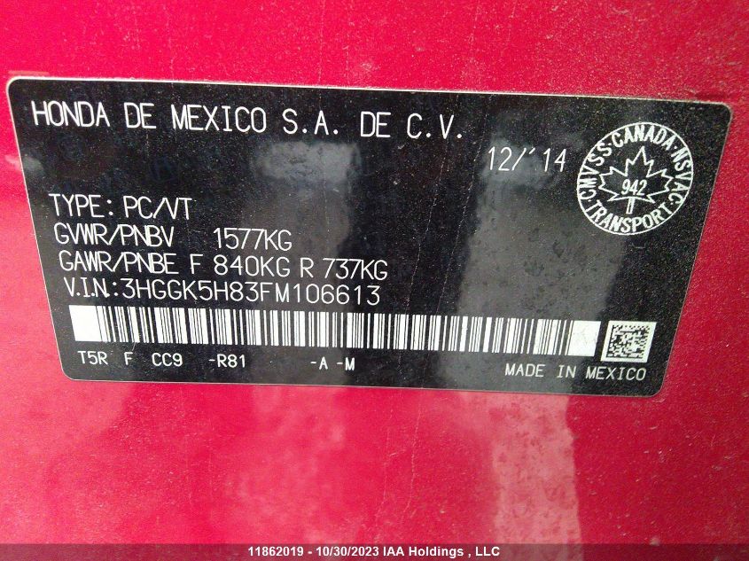 2015 Honda Fit Ex/Ex-L VIN: 3HGGK5H83FM106613 Lot: 11862019