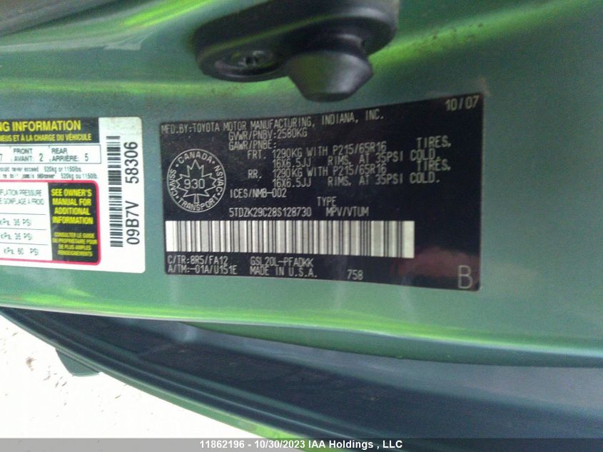 2008 Toyota Sienna Ce VIN: 5TDZK29C28S128730 Lot: 11862196