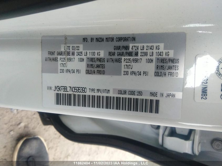 2022 Mazda Cx-5 Gx VIN: JM3KFBBL7N0595390 Lot: 11862404