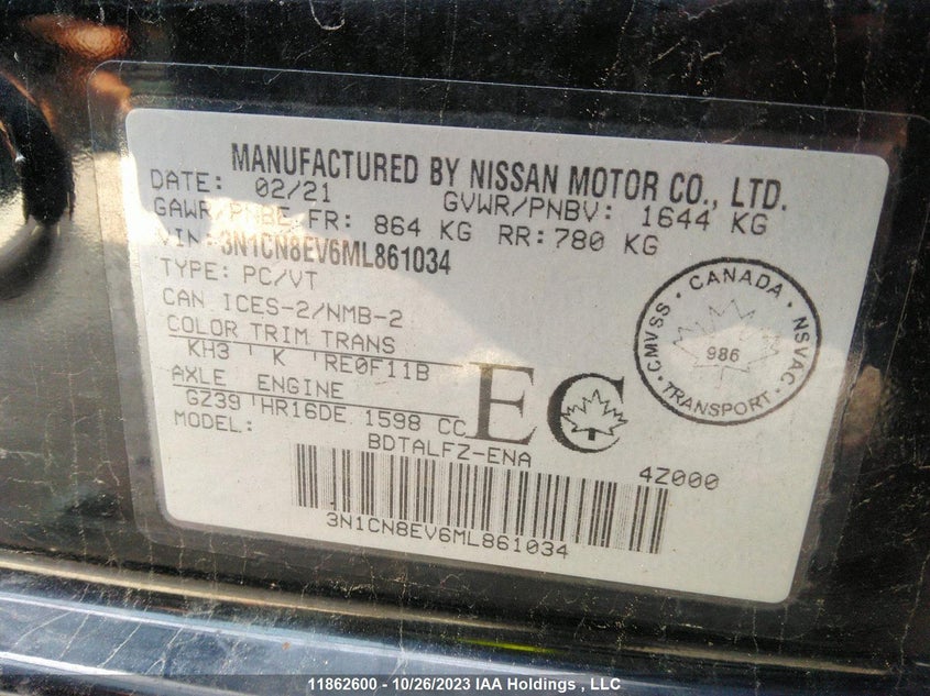 2021 Nissan Versa Sv VIN: 3N1CN8EV6ML861034 Lot: 11862600
