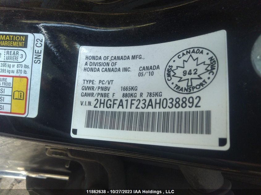 2010 Honda Civic Sdn Dx/Dx-A VIN: 2HGFA1F23AH038892 Lot: 11862638