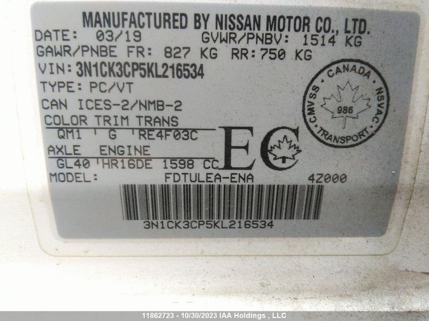 2019 Nissan Micra S/Sv/Sr VIN: 3N1CK3CP5KL216534 Lot: 11862723