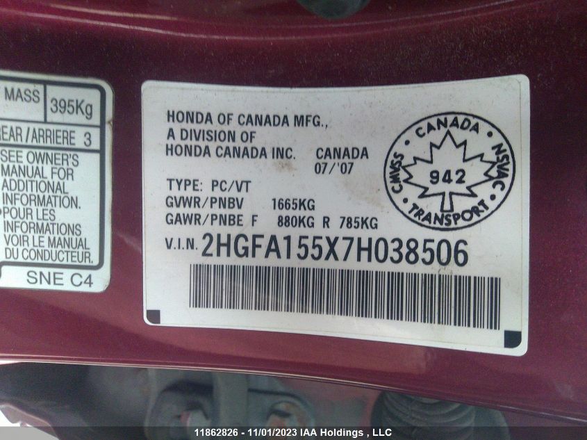 2007 Honda Civic Sdn Lx VIN: 2HGFA155X7H038506 Lot: 11862826