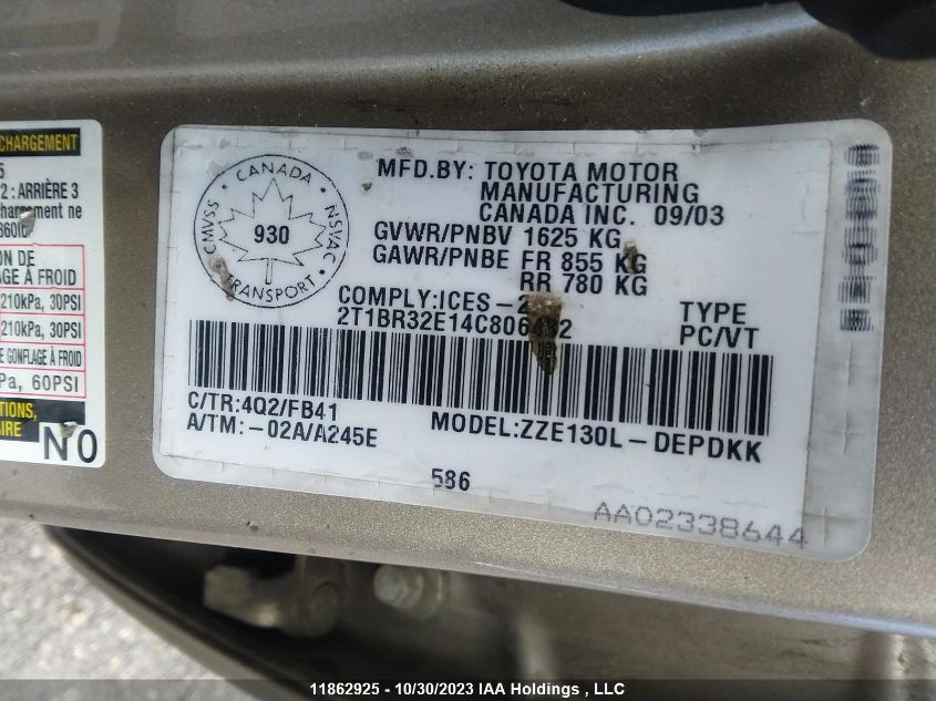 2004 Toyota Corolla Ce/Sport/Le VIN: 2T1BR32E14C806482 Lot: 11862925