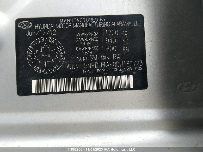 2013 Hyundai Elantra Gl VIN: 5NPDH4AE0DH189723 Lot: 11862936