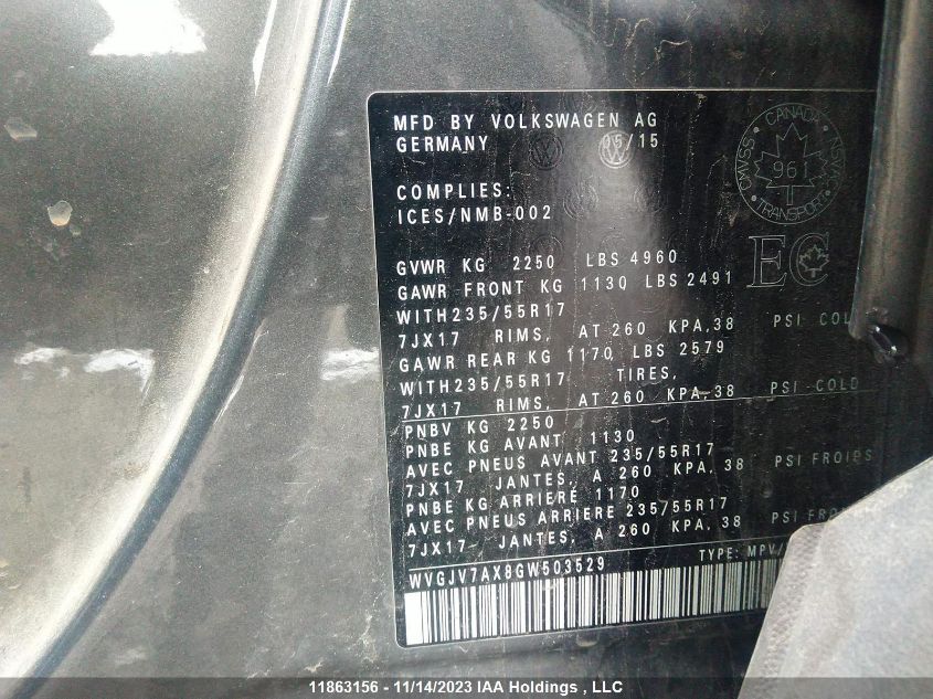 2016 Volkswagen Tiguan VIN: WVGJV7AX8GW503529 Lot: 11863156