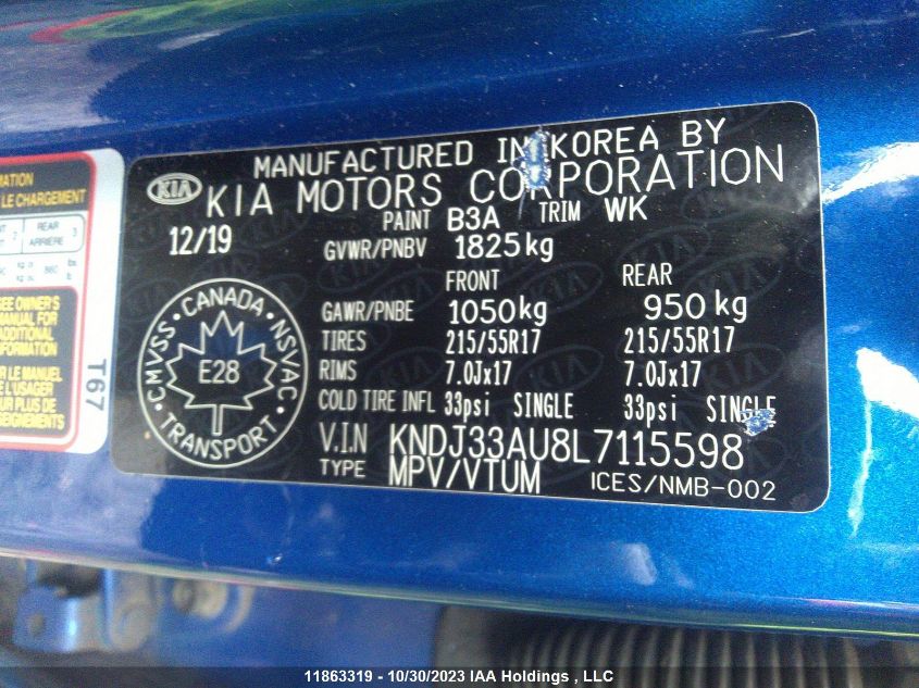 2020 Kia Soul Ex/Ex+ VIN: KNDJ33AU8L7115598 Lot: 11863319