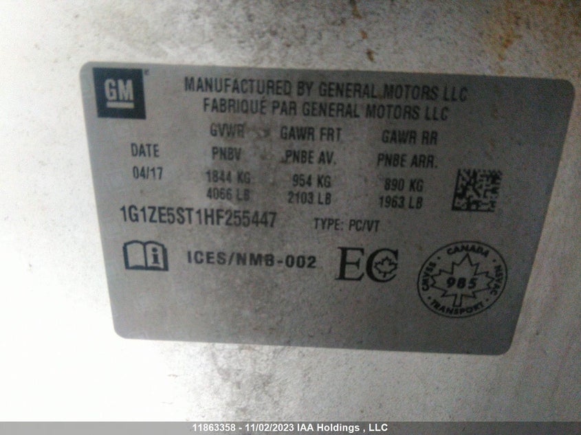 2017 Chevrolet Malibu Lt VIN: 1G1ZE5ST1HF255447 Lot: 11863358
