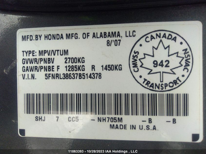 2007 Honda Odyssey Ex-L VIN: 5FNRL38637B514378 Lot: 11863393