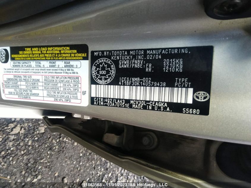 2004 Toyota Camry Le/Xle VIN: 4T1BF30K14U579438 Lot: 11863568