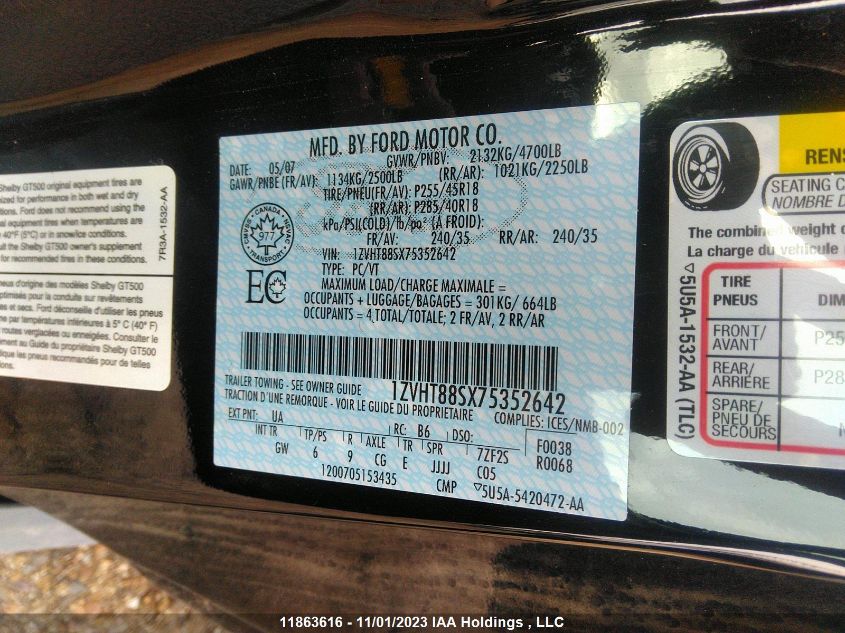 2007 Ford Mustang Shelby Gt500 VIN: 1ZVHT88SX75352642 Lot: 11863616