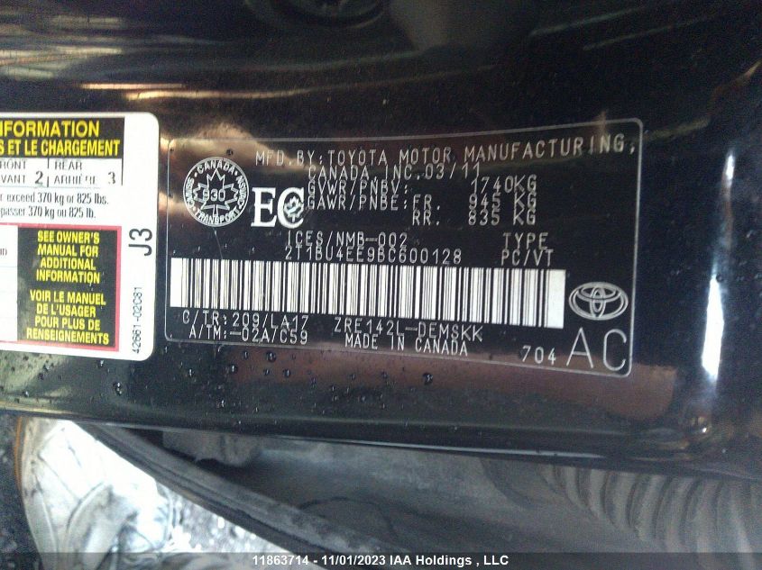 2011 Toyota Corolla Ce/S/Le VIN: 2T1BU4EE9BC600128 Lot: 11863714