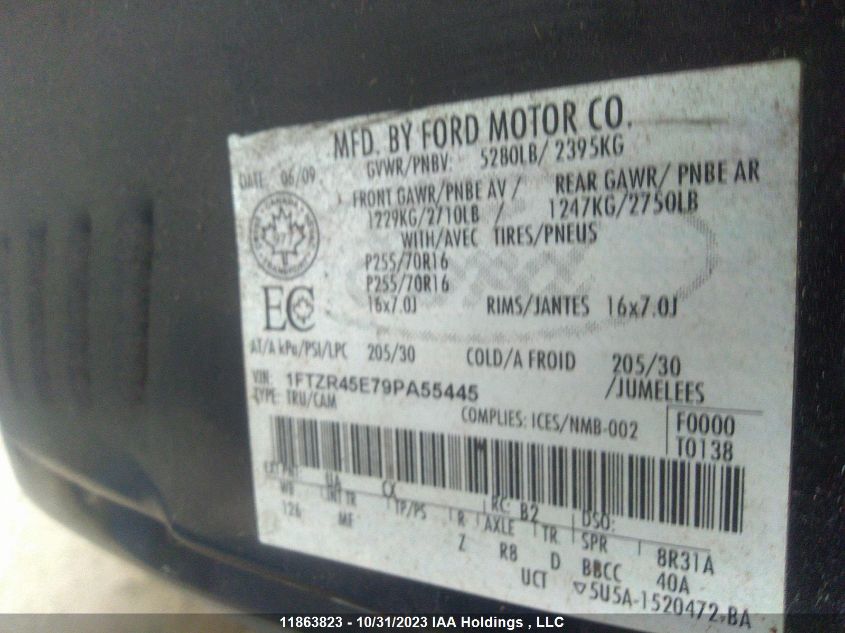 2009 Ford Ranger Xl/Sport/Xlt/Fx4/Off-Rd VIN: 1FTZR45E79PA55445 Lot: 11863823