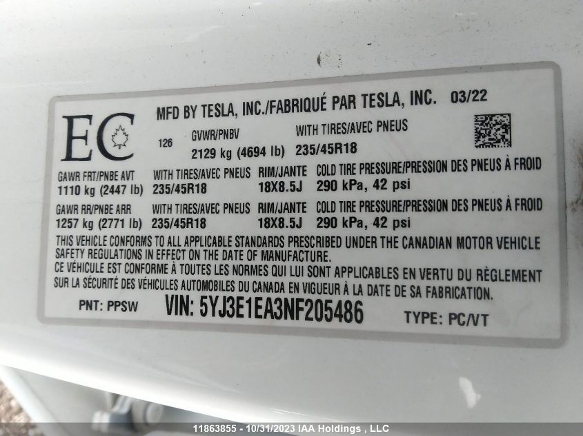 2022 Tesla Model 3 VIN: 5YJ3E1EA3NF205486 Lot: 39227521