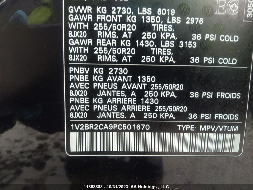 2023 Volkswagen Atlas Highline VIN: 1V2BR2CA9PC501670 Lot: 11863888