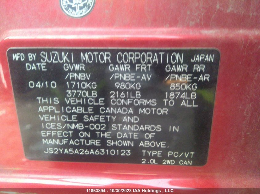 JS2YA5A26A6310123 2010 Suzuki Sx4 Jx