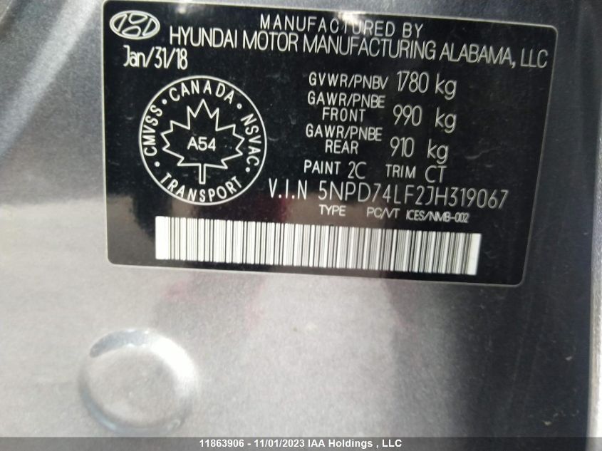 2018 Hyundai Elantra VIN: 5NPD74LF2JH319067 Lot: 11863906