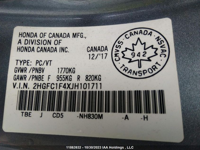 2018 Honda Civic Sedan Ex-T VIN: 2HGFC1F4XJH101711 Lot: 11863932