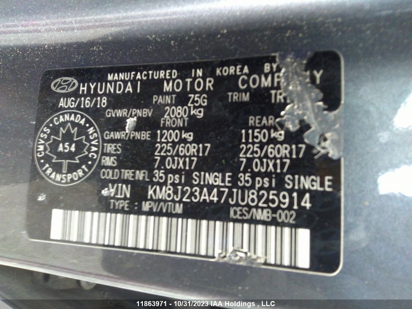 2018 Hyundai Tucson Base 2.0L VIN: KM8J23A47JU825914 Lot: 11863971