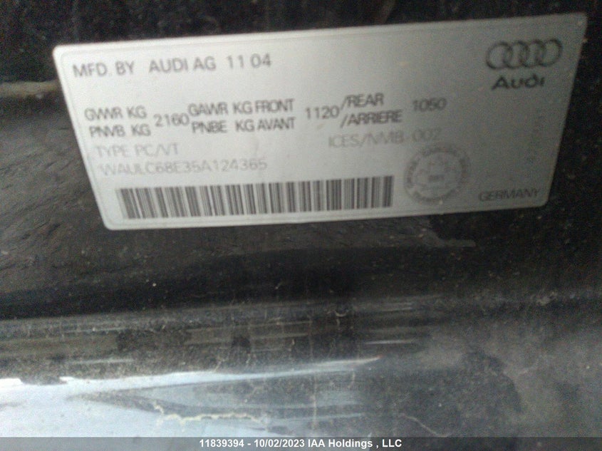 2005 Audi A4 1.8T VIN: WAULC68E35A124365 Lot: 11839394X