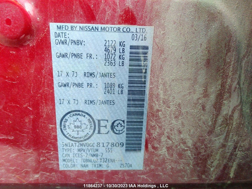 2016 Nissan Rogue S/Sl/Sv VIN: 5N1AT2MV0GC817809 Lot: 11864237