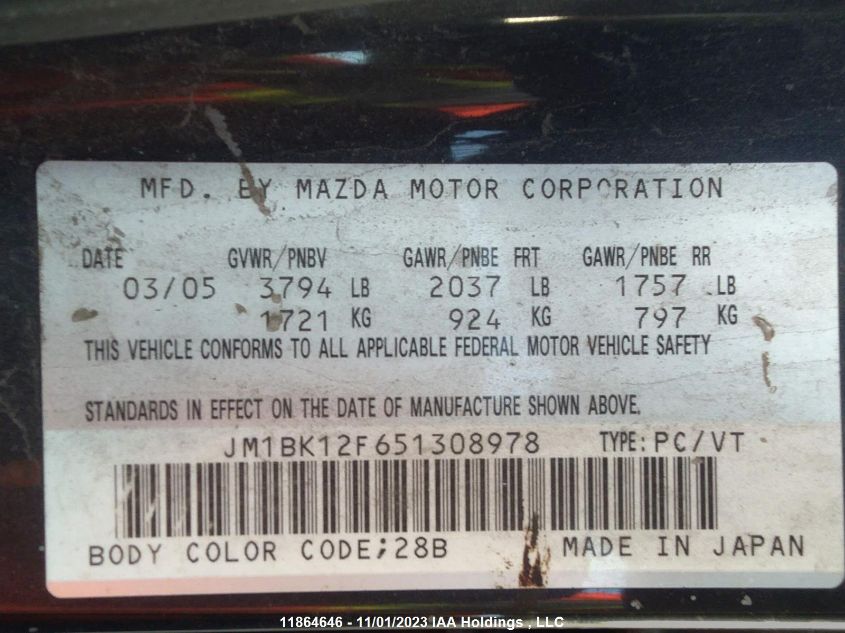 2005 Mazda 3 I VIN: JM1BK12F651308978 Lot: 11864646