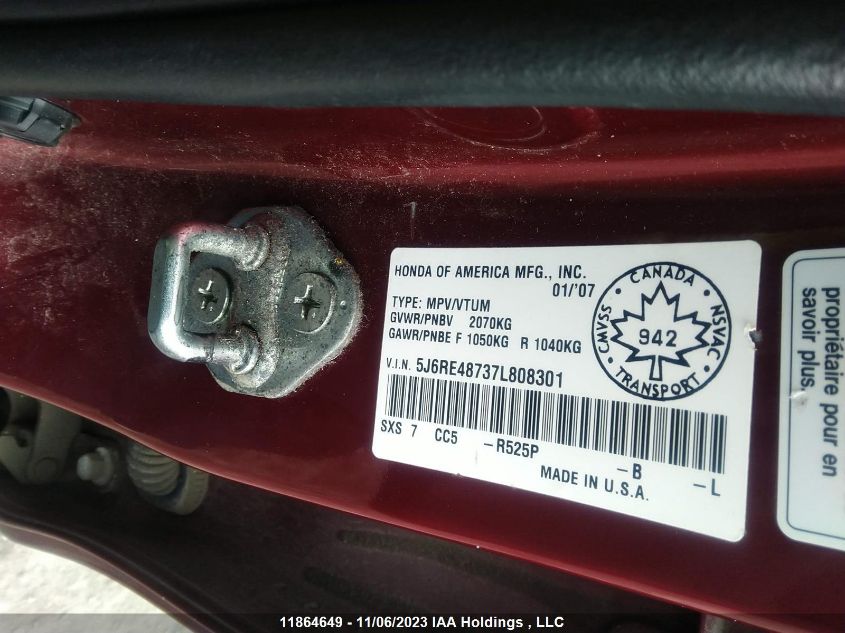 2007 Honda Cr-V Ex-L VIN: 5J6RE48737L808301 Lot: 11864649
