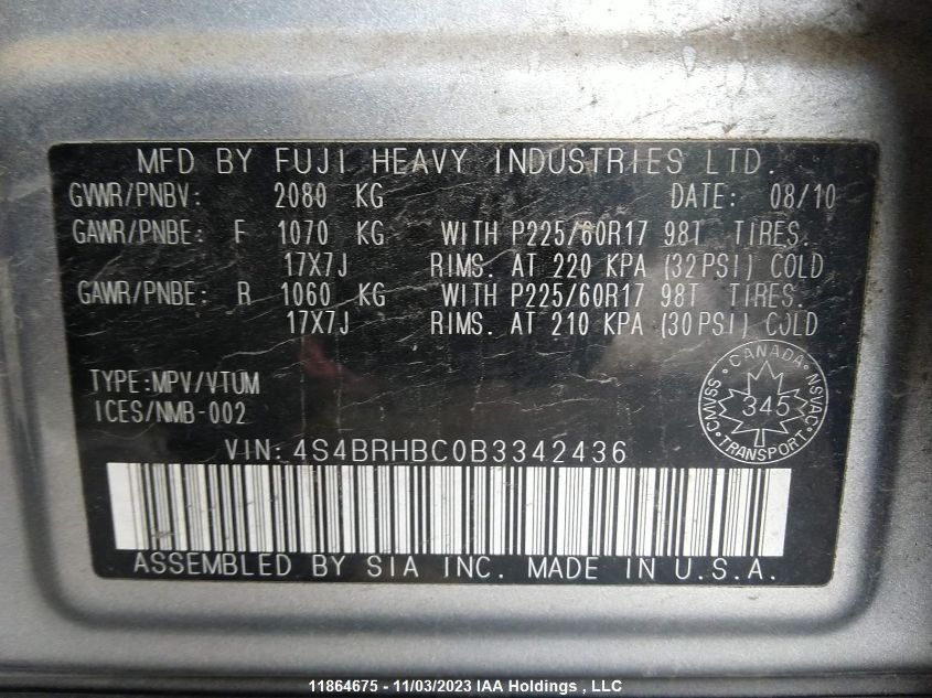 2011 Subaru Outback 2.5I Premium VIN: 4S4BRHBC0B3342436 Lot: 11864675