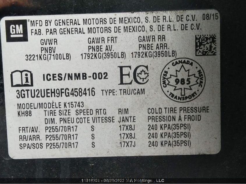 2015 GMC Sierra 1500 Sle VIN: 3GTU2UEH9FG458416 Lot: 11864755