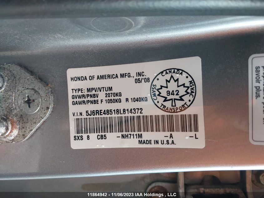 2008 Honda Cr-V Ex VIN: 5J6RE48518L814372 Lot: 11864942