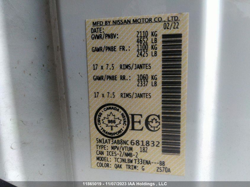 2022 Nissan Rogue S VIN: 5N1AT3AB8NC681832 Lot: 11865019