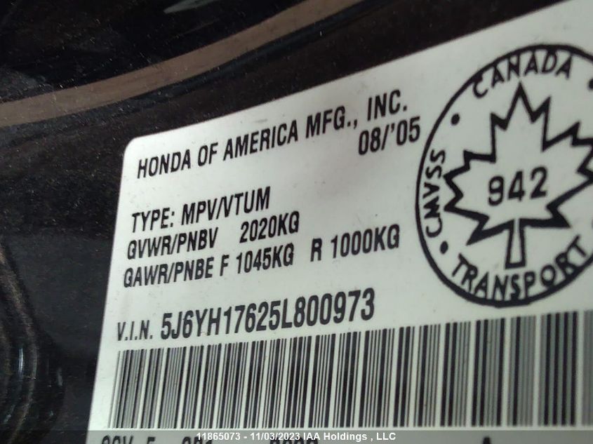 2005 Honda Element Y Pkg VIN: 5J6YH17625L800973 Lot: 11865073